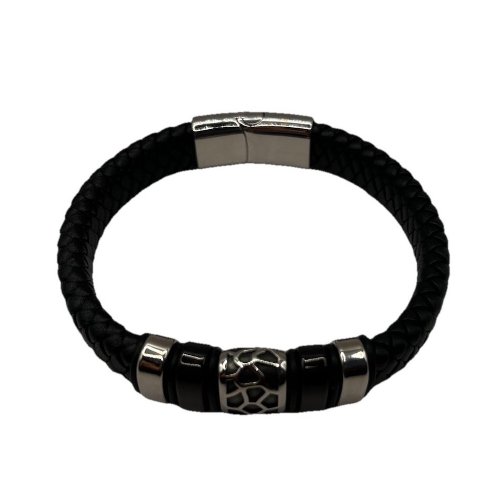 Men Stainless Steel 8.75" Black Braided Leather Band Magnetic Charm Bracelet New